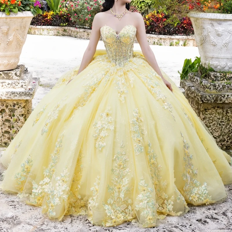 

Yellow Shiny Princess Sweet 16 Quinceanera Dresses Off The Shoulder Applique Beads Bow Tull Corset Party Birthday Vestides De