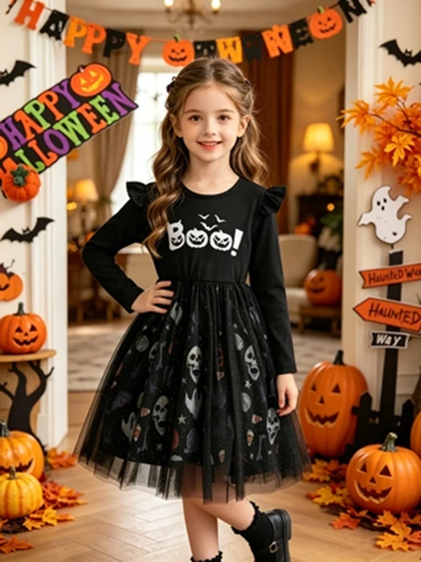 Langärmeliges Halloween-Kleid für Mädchen, Tüll-Prinzessinnenkleid mit Totenkopf- und Kürbis-Print, Kinder-Party- und Aufführungskostüm – Detail 3