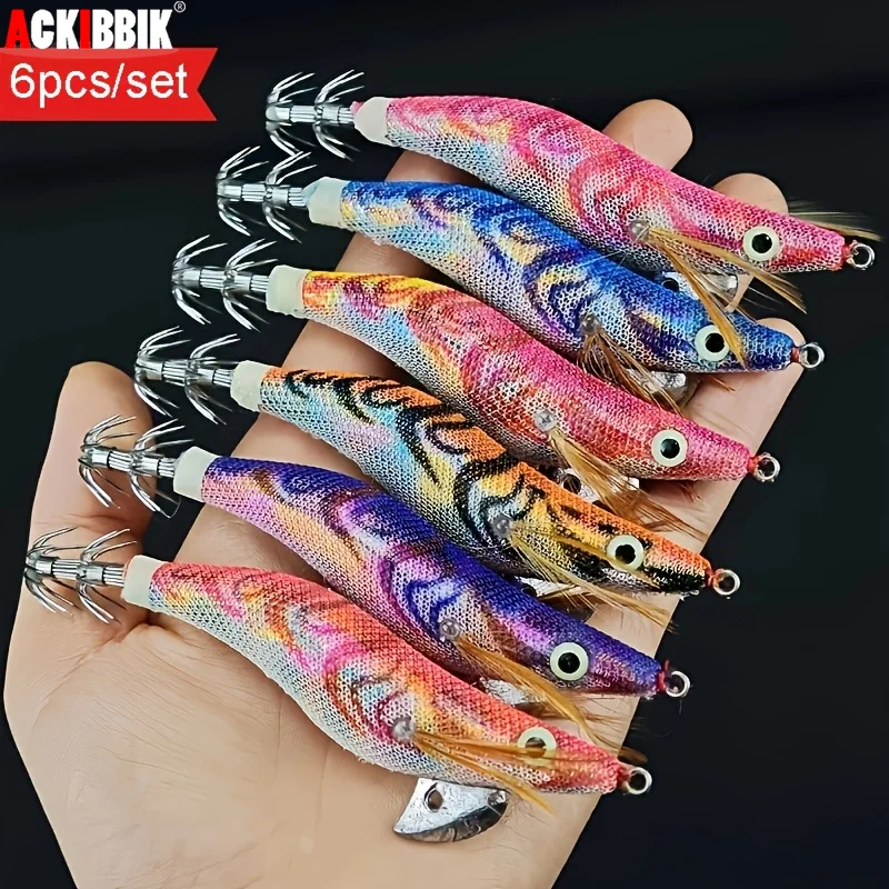 

Ackibbik 6pcs/set Laser Wooden Shrimp Squid Hook Lure Saltwater Fishing Bait Shrimp 10cm/12g