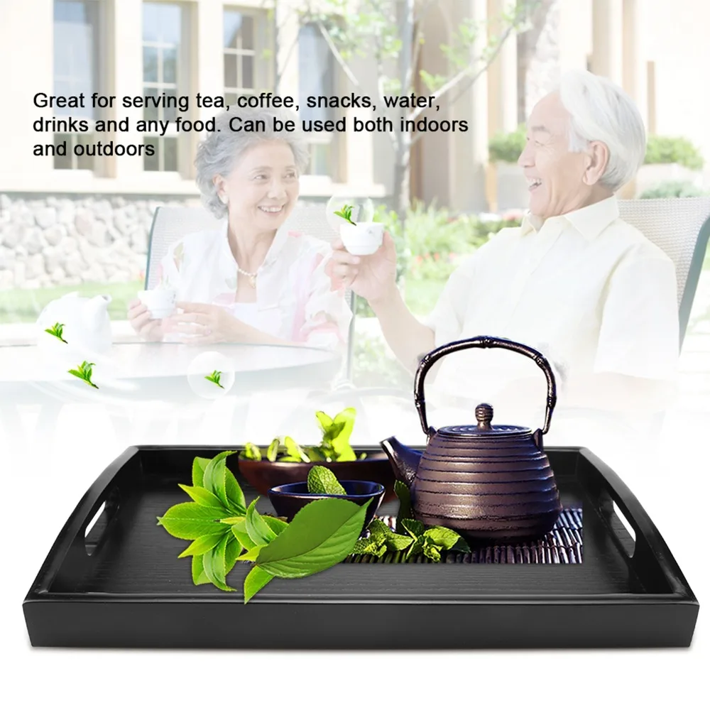 Large Size Wood Serving Tray Black Color Rectangular Shape Wooden Food Tray Wood Material With Handle Wooden Breakfast Tray