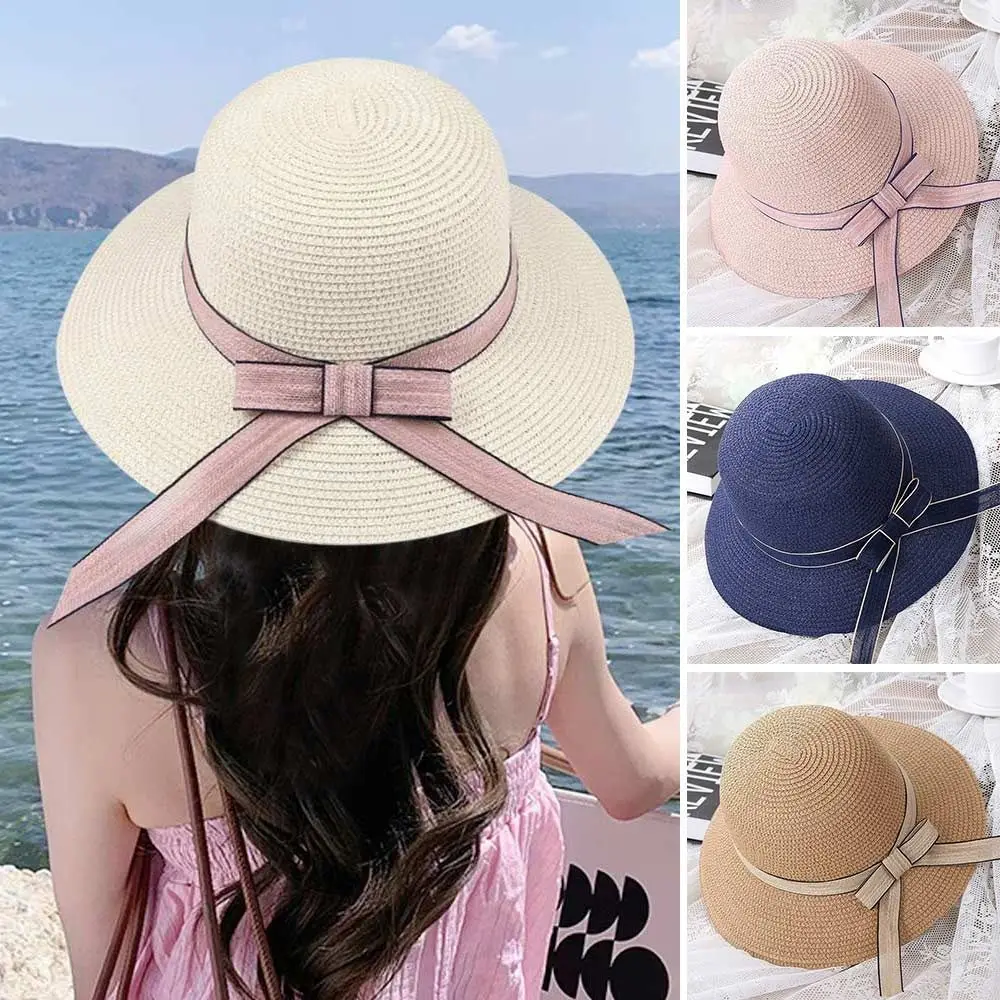 Sombrero de sol con protección UV para mujer, gorra de Panamá de viaje de ala ancha, sombrero de paja con lazo informal, Verano