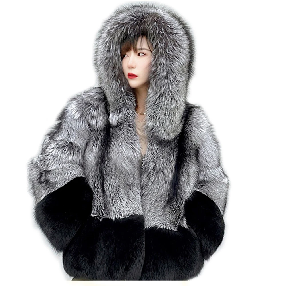 

2022 New Fashion Whole Skin Winter Women's Jacket Natural Real Silver Fox Fur Coat Short Genuine Fur Outwear Whole leather