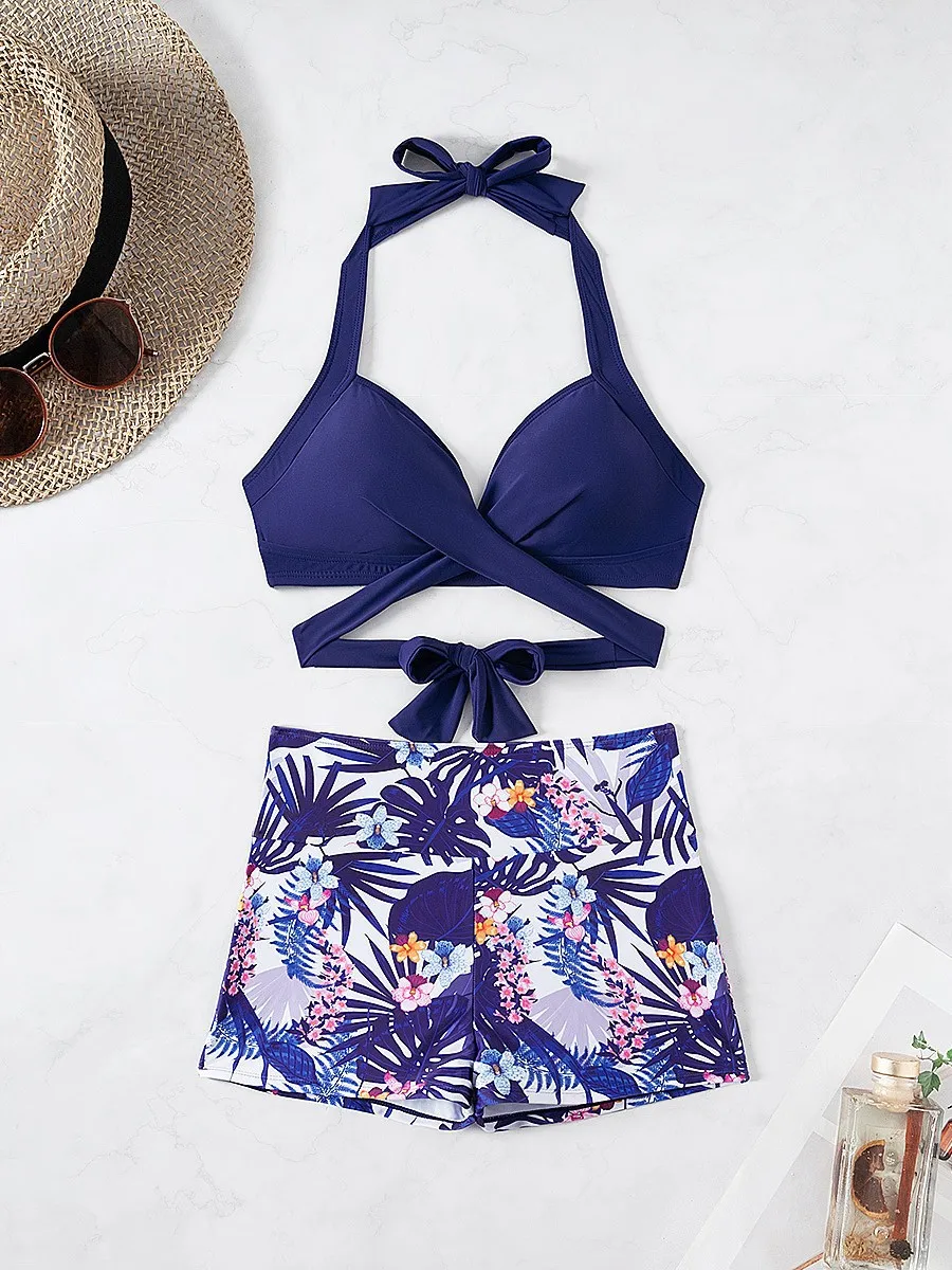 2025 Women's Bandeau Bikini Set Tropical Print Halter Tie-Side Swimsuit Sexy Two-Piece Bathing Suit Women Vintage Beach Outfits