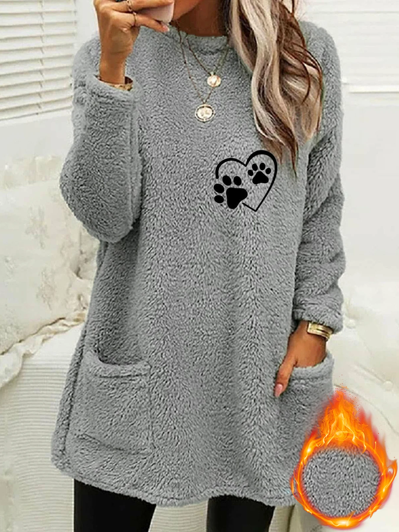 Women Plus Size Gray Sherpa Fleece Heart Dog Paw Print Crew Neck Pocket Long Tunic Daily Sweatshirt
