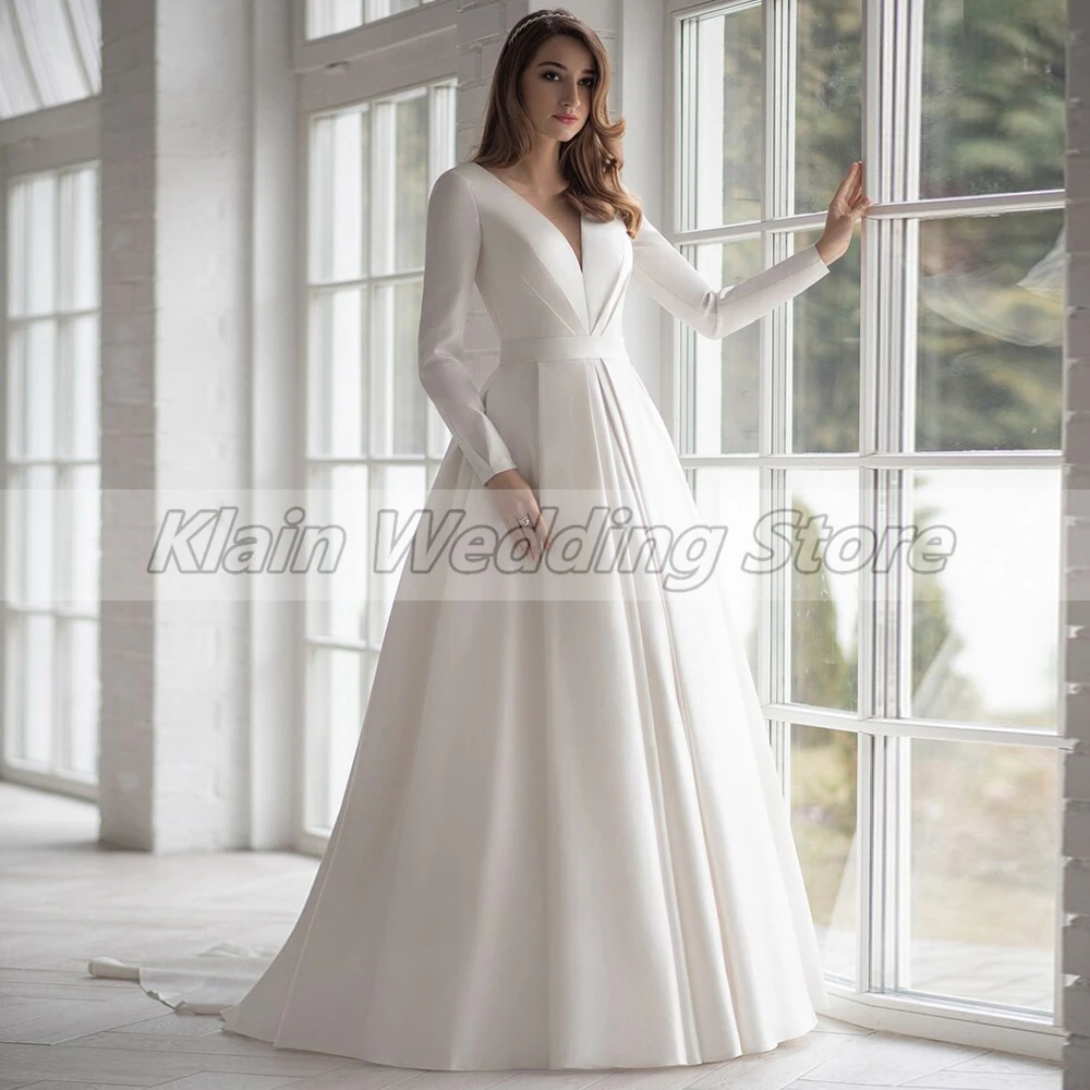 

High Quality A Line Wedding Dress Satin Woman Modern V Neck Long Sleeves Bridal Gowns with Opeb Back and Sweep Train Custom Made