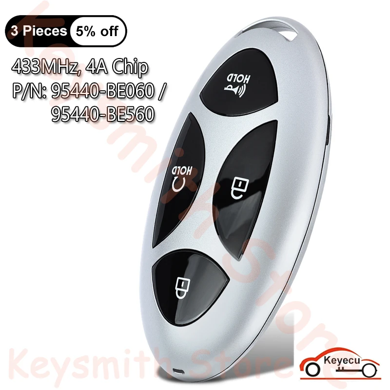 

KEYECU 4 Buttons 433MHz 4A Chip for Hyundai Kona 2023 2024 2025 2026 Auto Smart Remote Key Fob P/N: 95440-BE060 95440-BE560