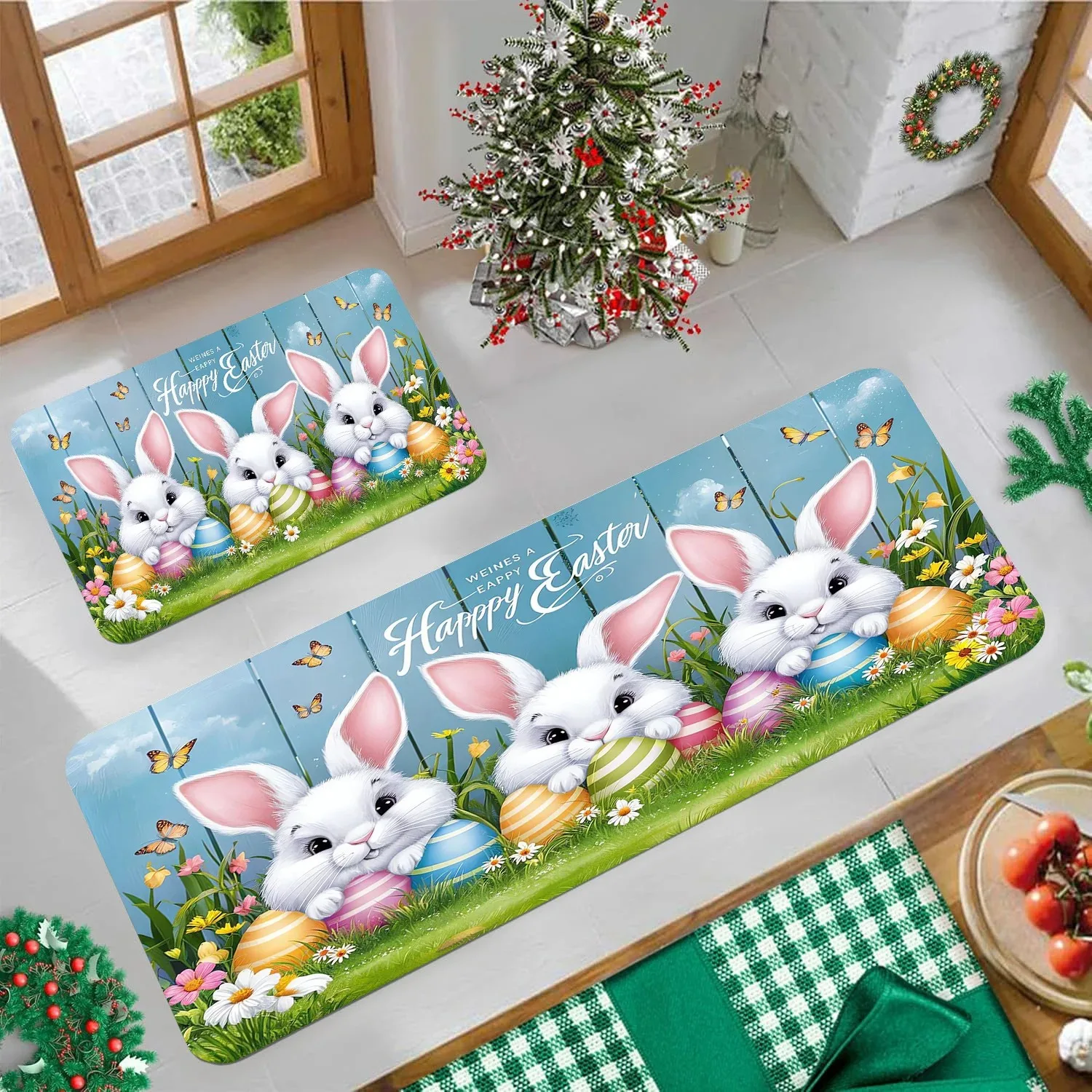 Easter Bunny Eggs Wood Grain Kitchen Mat Home Decor Washable Kitchen Corridor Balcony Rugs Bathroom Non-slip Doormat Decor