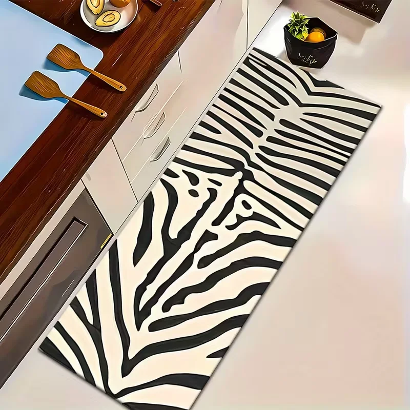 Trendy Zebra Print Runner Rug Classic Black White Animal Striped Texture Non Slip Carpet Chic Boho Mat Kitchen Entry Home Decor