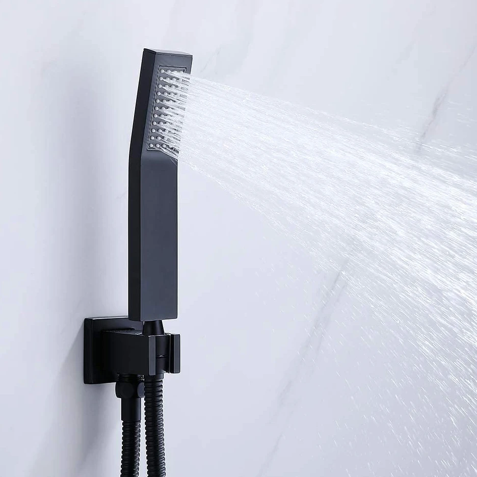 Square Chrome or Black Hand Held Shower Head Sprayer with Brass Wall Connector Holder and 1.5m Stainless Steel Hose