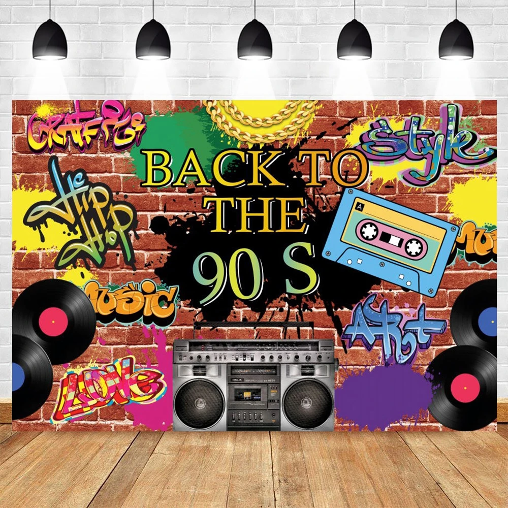 90's Party Backdrop Let's Glow Graffiti Hip Pop Neon Glow 90s Background Music 90th Themed Party Banner Glitter Decoration