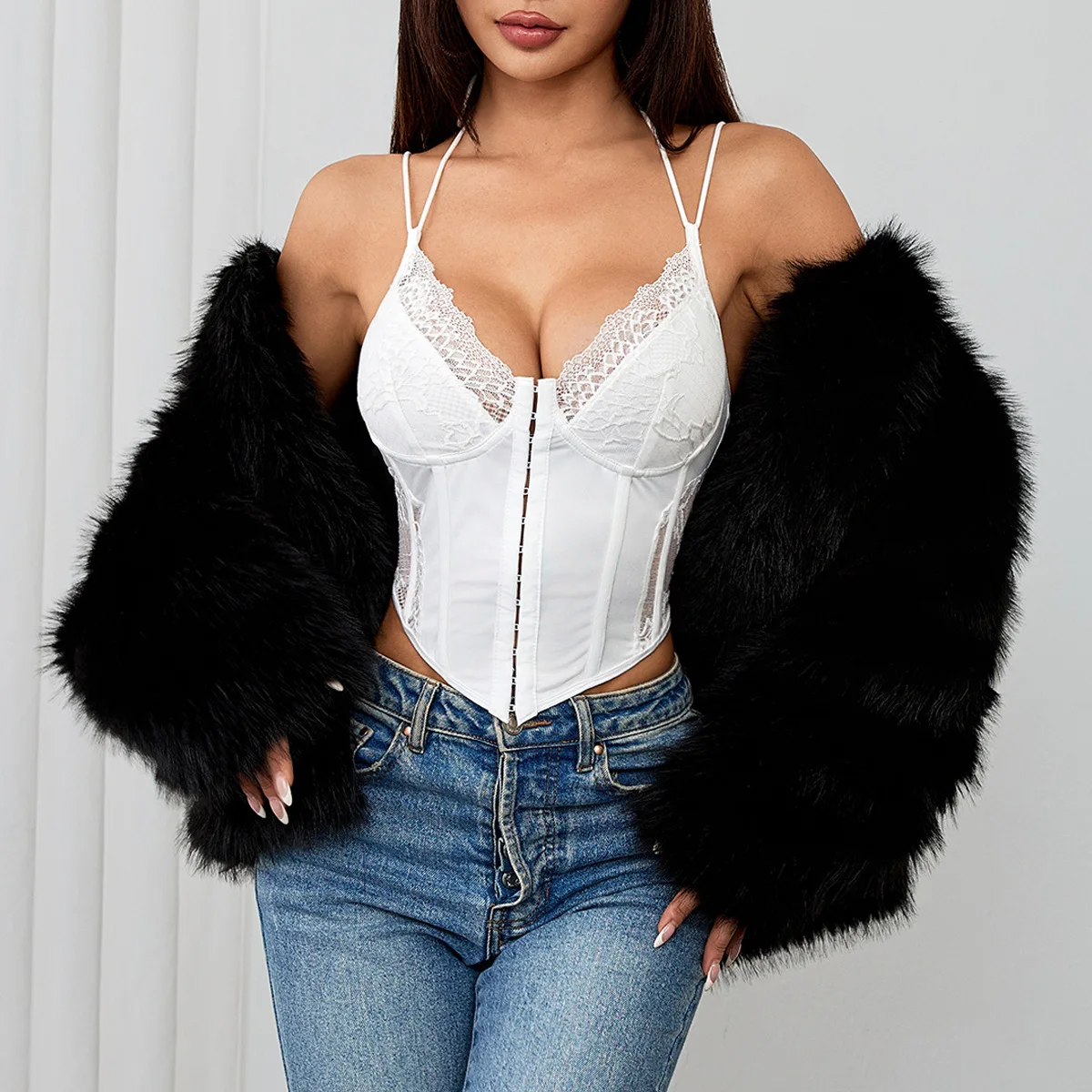 

Белый однотонный укороченный топ без рукавов, кружевной облегающий жилет на бретелях, корсет с рыбьей косточкой, женская летняя модная одежда, майка