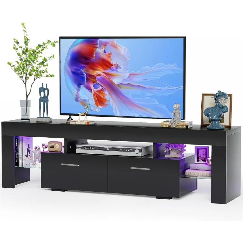 LED TV 스탠드, 50 인치, 55 인치, 60 인치, 65/70 인치 TV, 현대 엔터테인먼트 센터, 보관 서랍 및 유리 선반, TV 콘솔 테이블