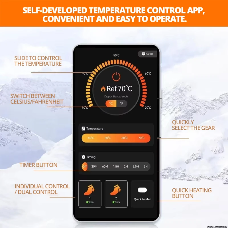 ถุงเท้าอุ่นสำหรับขี่มอเตอร์ไซค์ เล่นสกี ถุงเท้าทำความร้อน ควบคุมผ่านแอพ แบตเตอรี่แบบชาร์จได้ ถุงเท้าหนาสำหรับฤดูหนาว เหมาะสำหรับการเดินป่าและเล่นสกี
