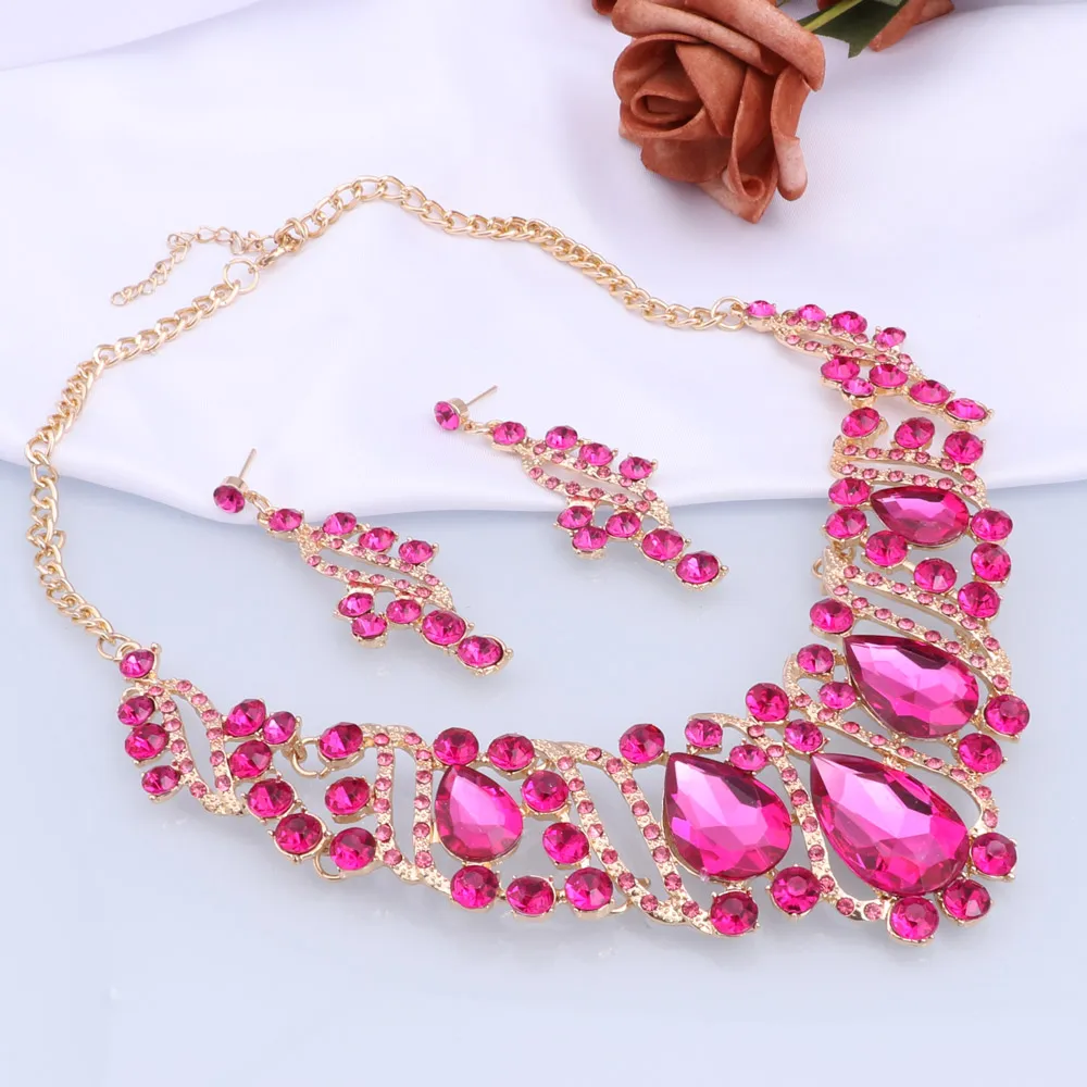 Fashion Crystal Gold Color Necklace Earrings Indian Bridal Jewelry Sets For Brides Wedding Party Costume Accessories Women