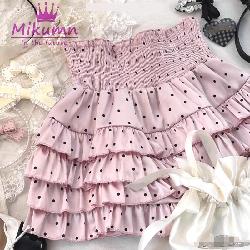 Mikumn Y2k Women Kawaii Lolita Style Cake Mini Skirt Harajuku Girls Cute Japanese Sweet Ruffles Polka Dot Print Pleated Skirts