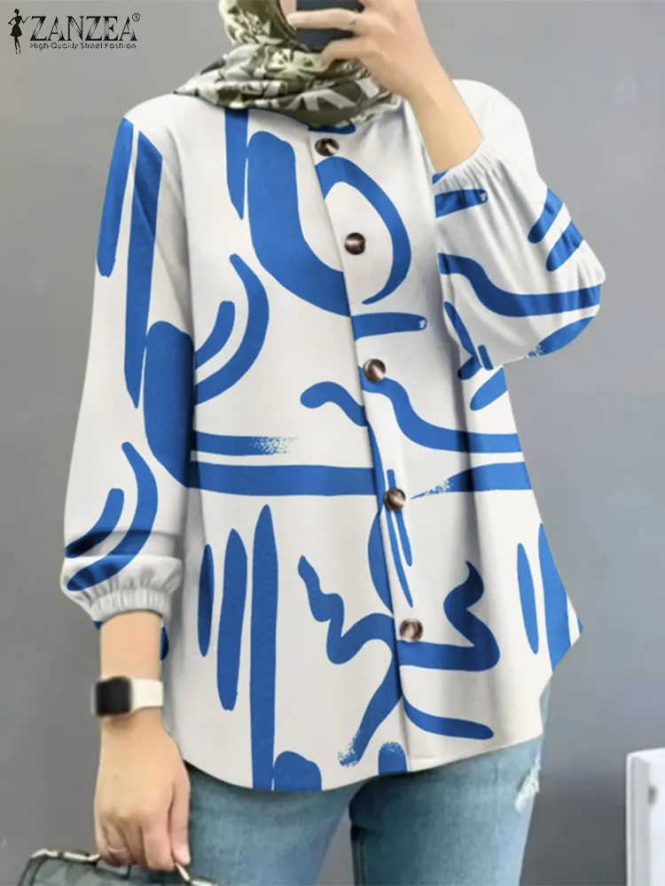 

ZANZEA Bohemian Printed Muslim Shirt Woman Puff Sleeve O-Neck Tunic Tops Vintage Turkey Blouse Elegant Islamic Clothing 2023