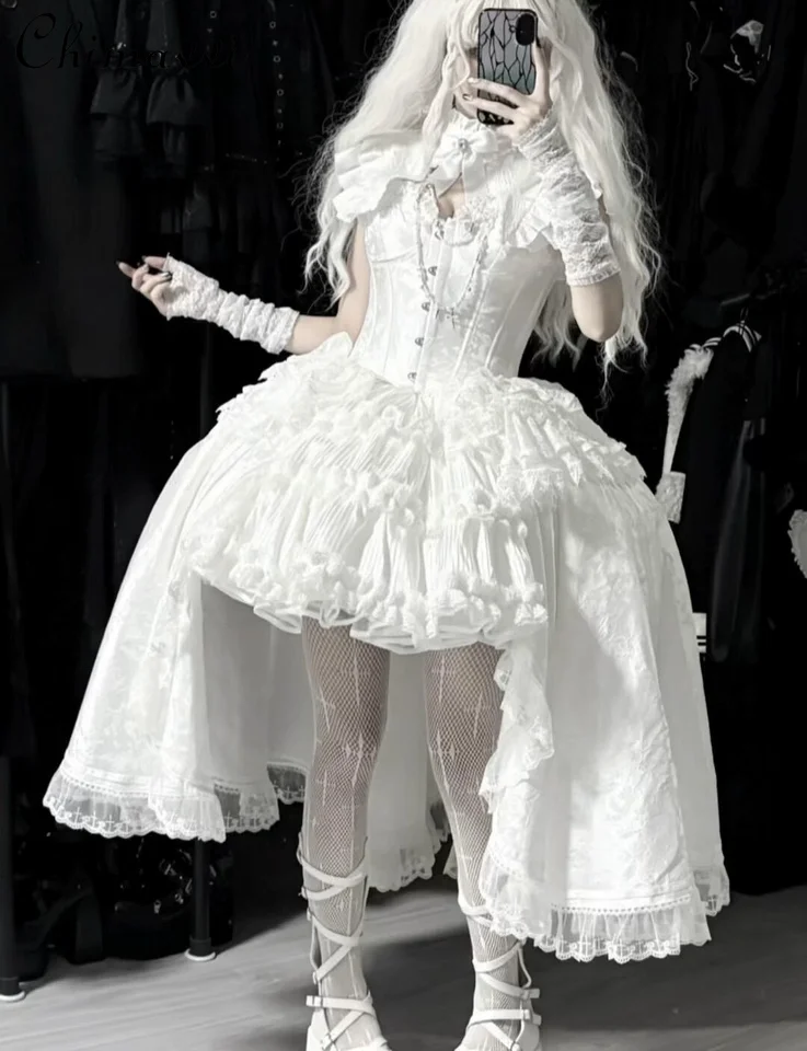 

Gothic White Lolita Cos Dresses 2026 Spring Women Slim Fit Elegant Vintage Irregular Dress Female Sweet Cool Evening Dresses