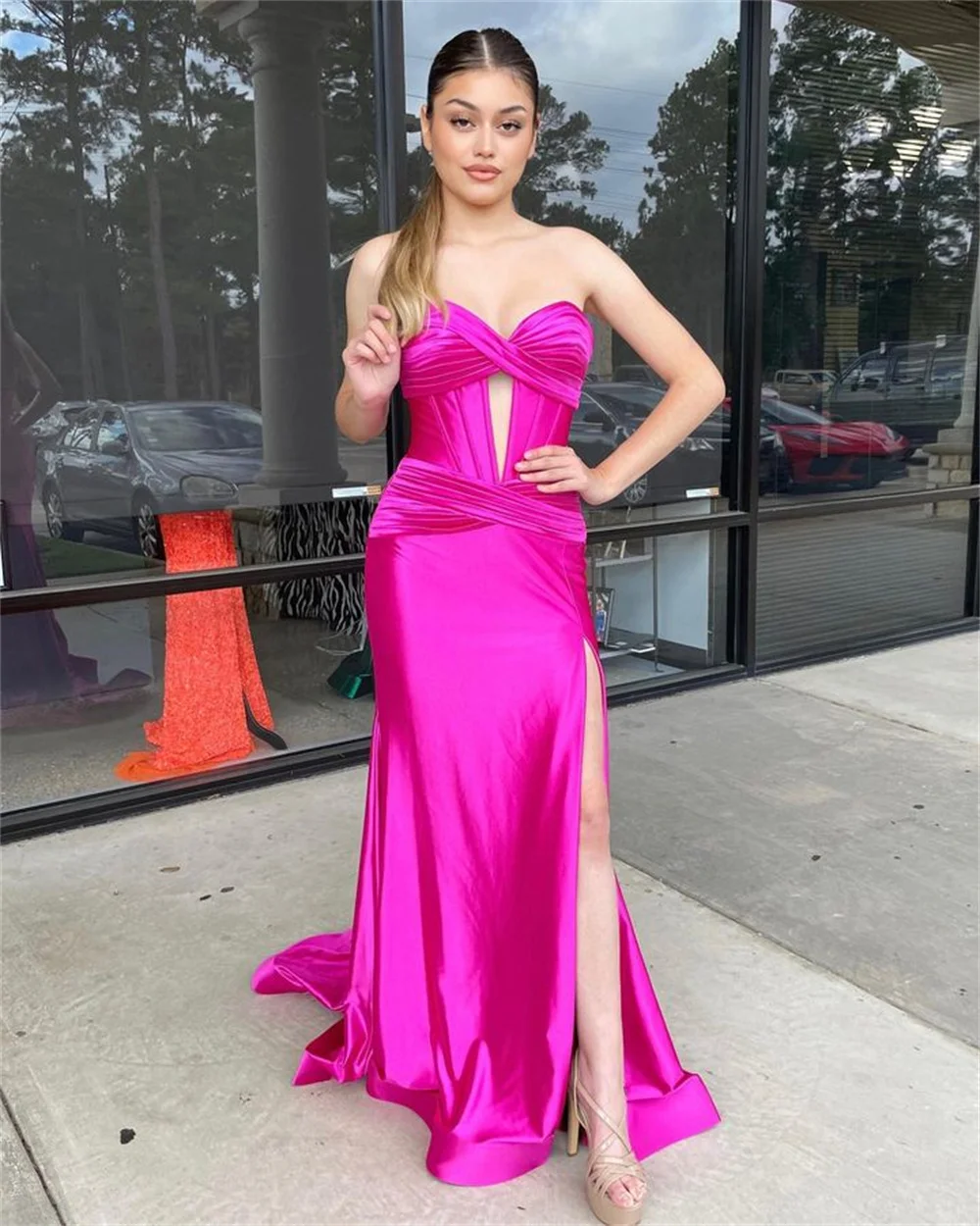 Satin Sweetheart Cut-out Mermaid Prom Dresses With Split Sleeveless Pleated Corset Formal Evening Dress Long Bridesmaid Gowns