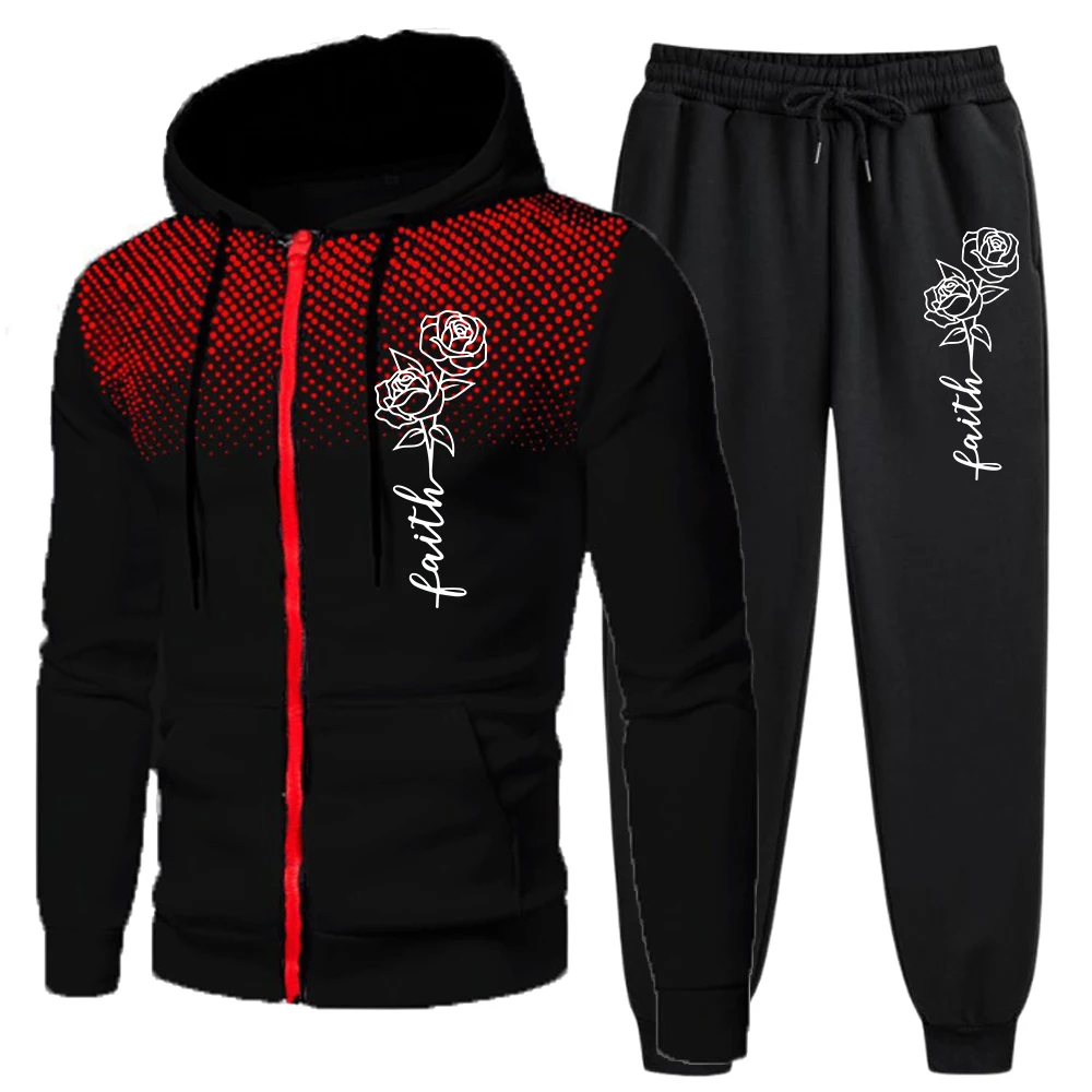

Hot Sales Mens Tracksuit Flower Print Casual Zipper Hooded Sweatshirt+Jogging Pants Set Round Dot Daily Home Jacket Coat Outfit