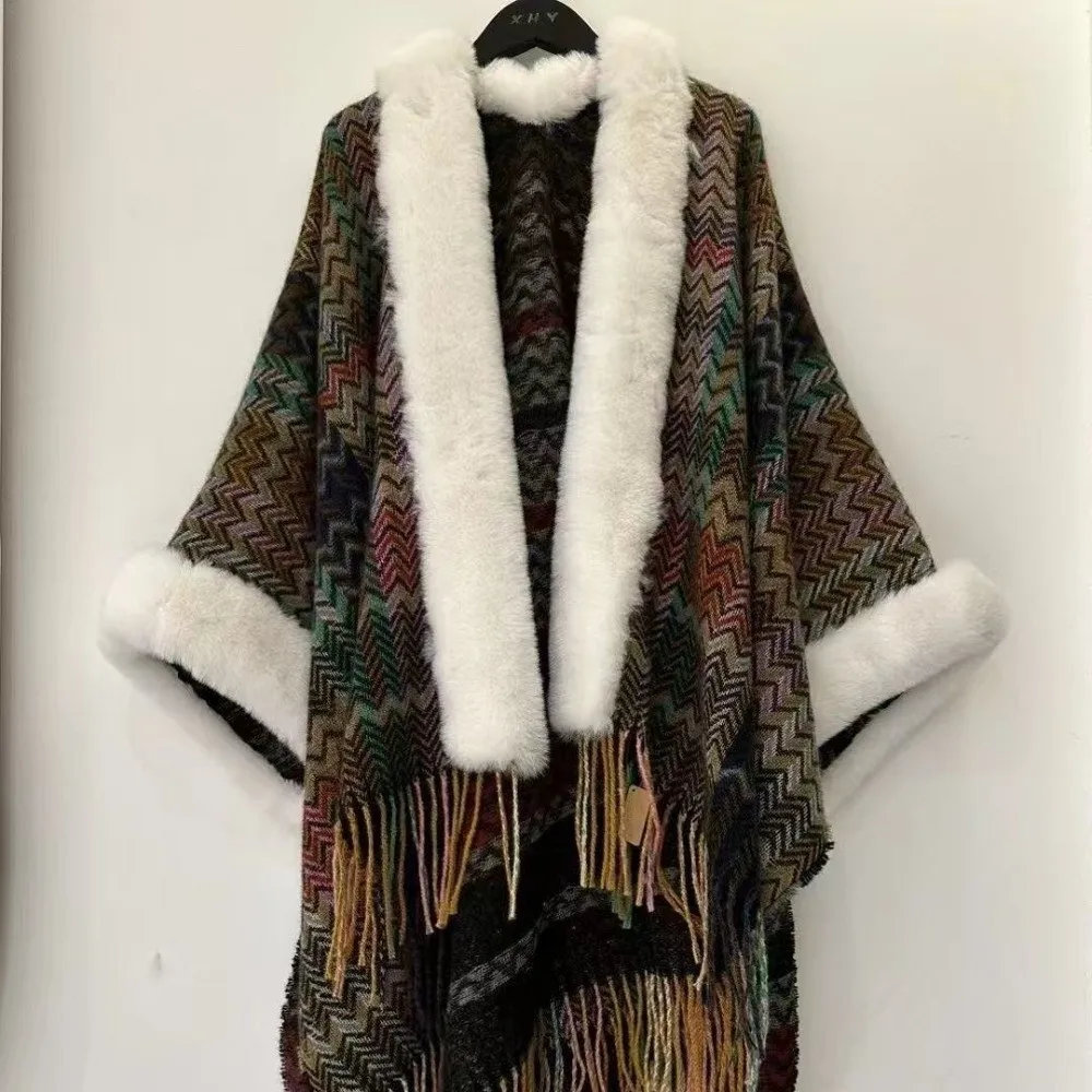 

Winter Warm Faux Fur Collar Shawl Striped Ethnic Style Mongolian Poncho Artificial Wool Cardigan Tassel Shawl for Autumn Winter