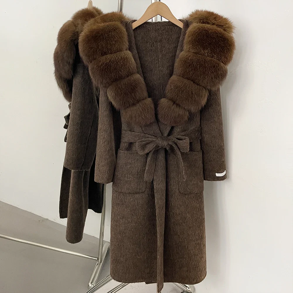 OFTBUY Neue Winterkleidung für Damen, Langer Mantel mit Kapuze aus 100% Wolle mit Echtfuchs-Pelzbesatz, Luxuriöse Lose Natürliche Pelz-Wolljacke für Damen – Detail 9