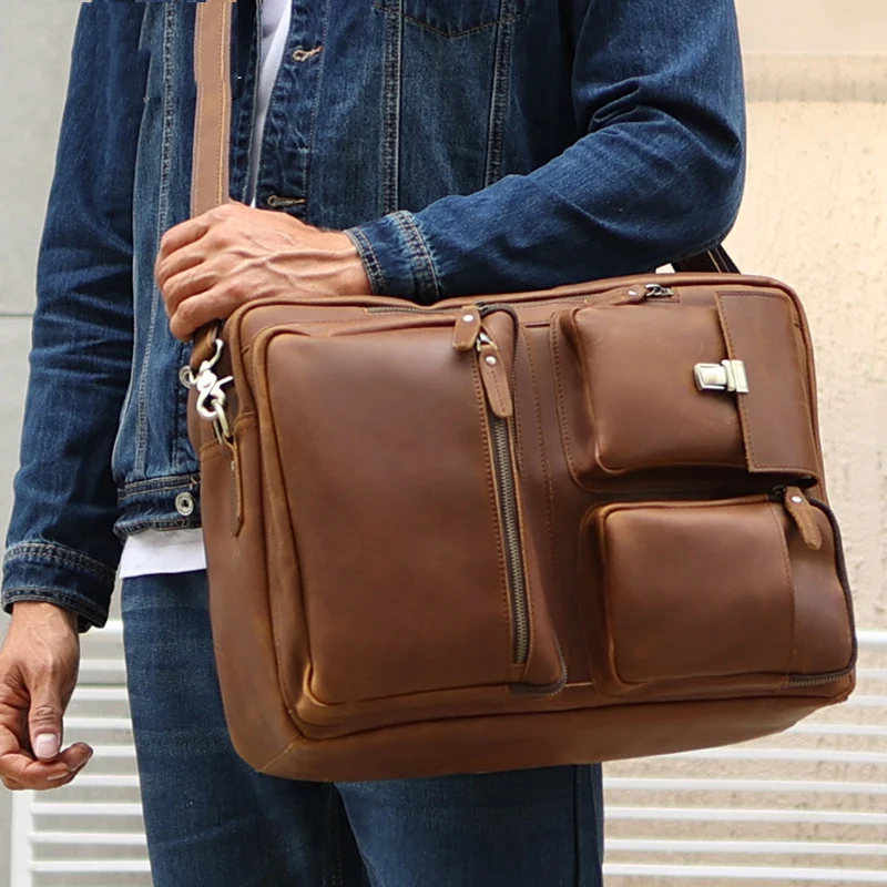 3 in 1 Men's Leather Briefcase Backpack Shoulder Bag Genuine Leather Crossbody Bag for Men Male Working Tote Multifunctional