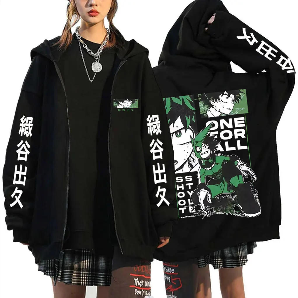 Anime My Hero Academia Midoriya Izuku Zipper Hoodie Men Women Casual Vintage Zip Up Jacket Male Manga Cosplay Zip Up Sweatshirt