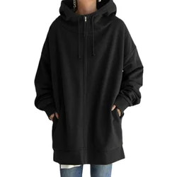 Sudadera gruesa con capucha para mujer, cárdigan largo con cremallera y bolsillos dobles, prendas de vestir exteriores, ropa de calle de tendencia, Color sólido