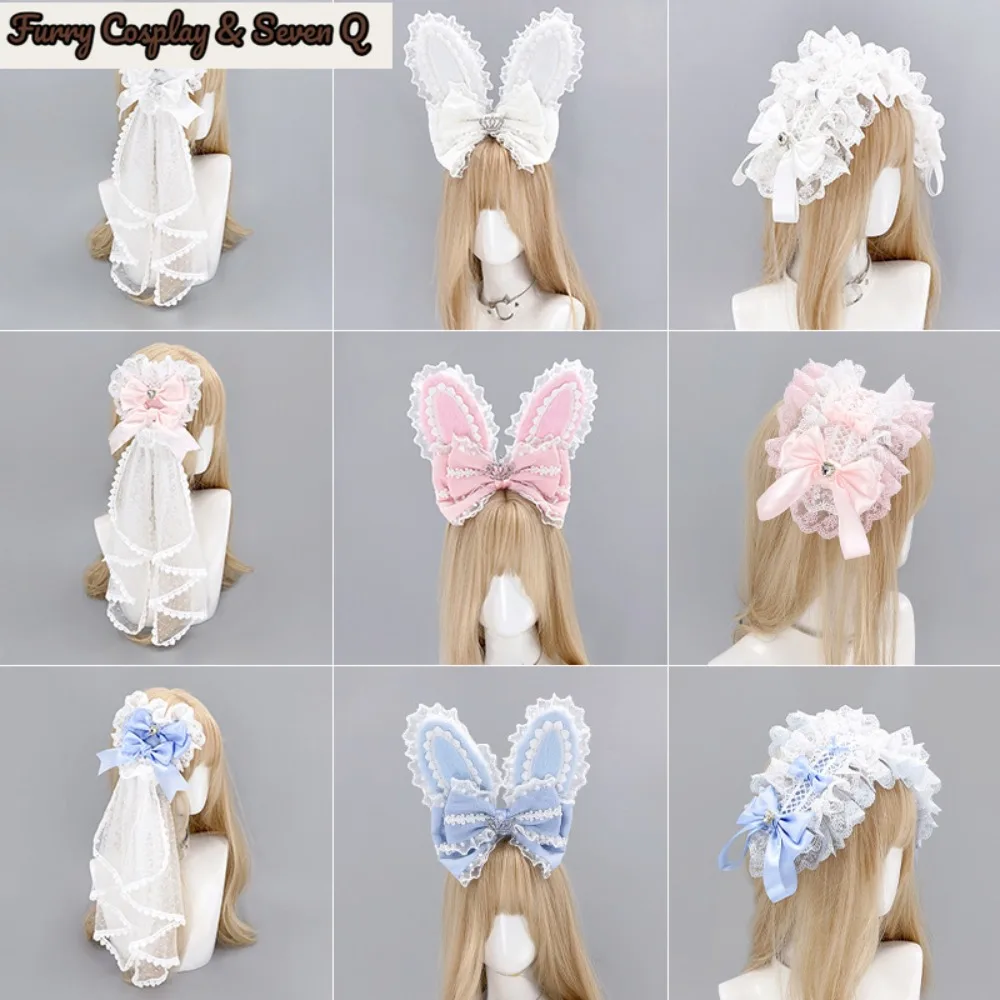 Sweet Lolita Lace Ribbon Bow Headwear Plush Bunny Ears Hairband Cute Girl Party Hair Accessories Women Cosplay Props 3