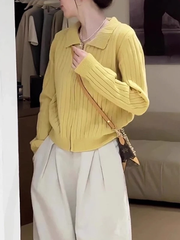 

Yellow Zipper Knitted Sweater Women's Outerwear Spring 2026 New plus Size Korean Sle Big MM Knitted Open Cardigan Top