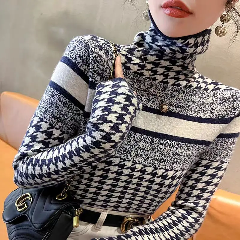 Ropa de mujer Y2K Jacquard elástico grueso lana tejido jerseys Otoño Invierno Vintage Slim cuello alto suéteres suave viaje Top