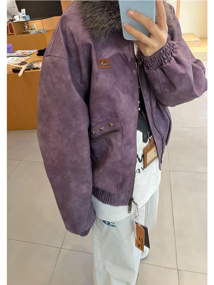 

Фиолетовая уличная одежда из искусственной кожи Jaet ex в американском стиле ретро со съемным меховым воротником, зимняя верхняя одежда, модное длинное пальто све