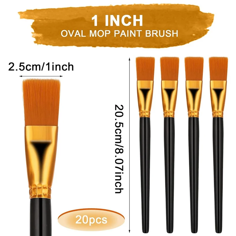 20 PCS Flat Brush Set, Black Nylon 1 Inch Wide Watercolor Brushes Oil Painting Brushes