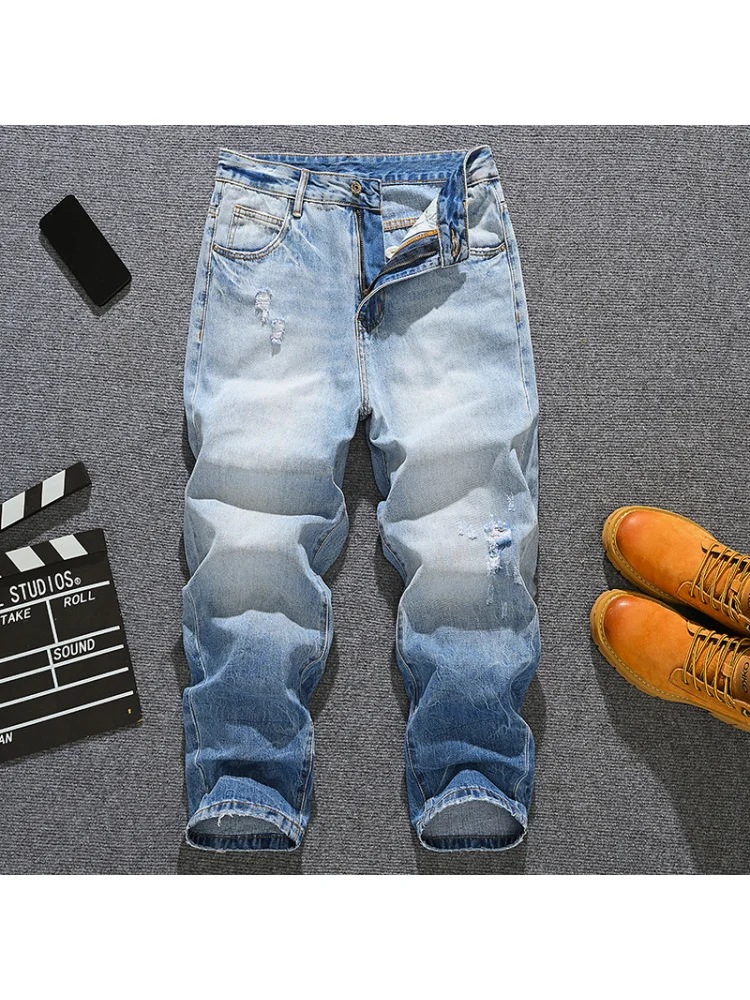 2025年春夏トレンドブランド、メンズ＆ユース向けルーズストレートジーンズ、レトロハイストリートグラデーションブルーパンツ