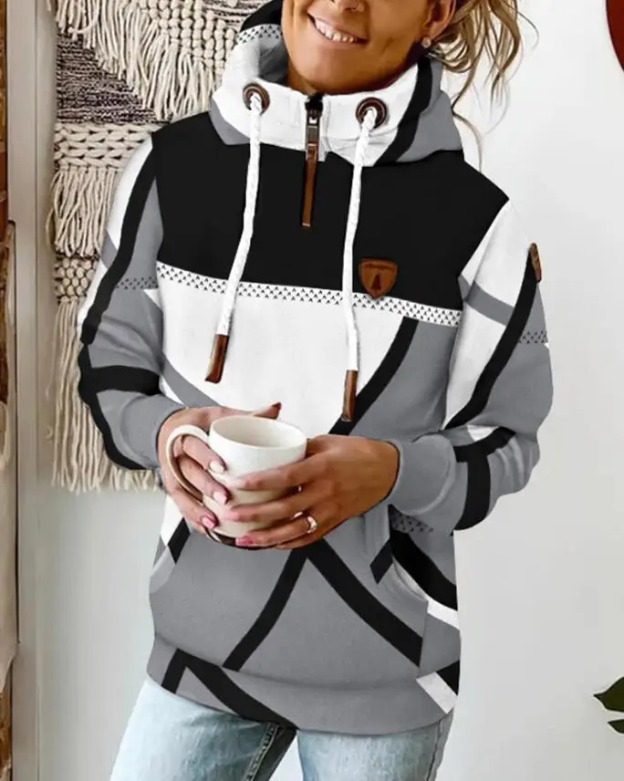 

Geometric Print Long Sleeve Drawstring Hoodie pullover top Casual fall outfits women autumn winter new fashion women's outfits