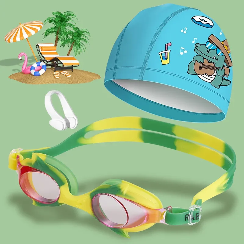 Waterproof & Anti-Fog | Kids' Swim Goggles Set,Clear Vision with Cap and Nose Clip