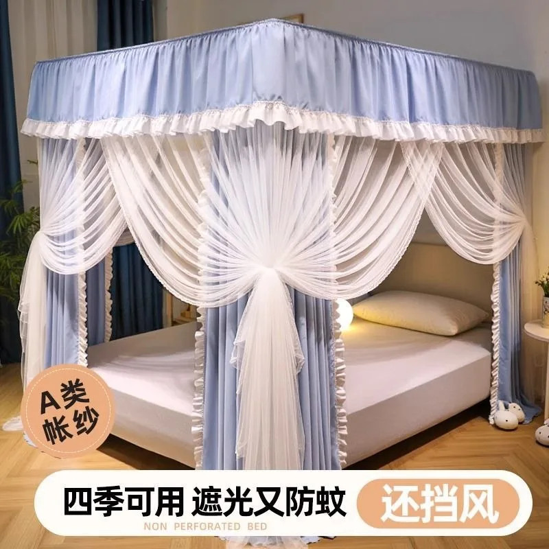 Household bedroom blackout bed curtain mosquito net integrated winter windproof warm floor three door bed net