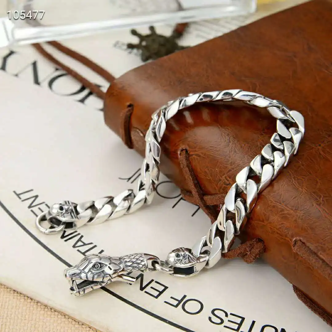 Domineering men's thick snake bracelet s925 pure silver flat chain python snake head skull minimalist Thai silver single trend