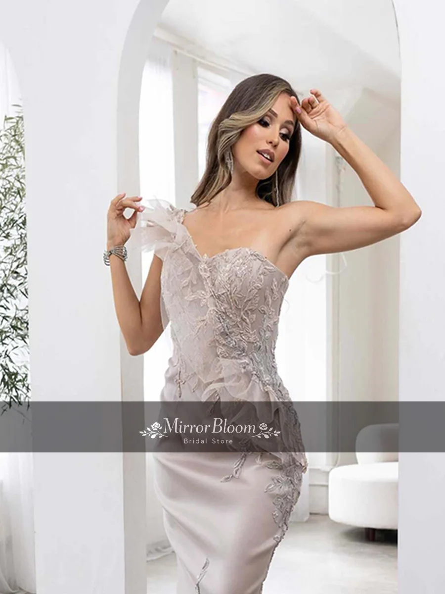 

One Shoulder Mermaid Evening Dress Luxury Lace Appliques Ruffle Satin Formal Gown Prom Wedding Party Maxi Dresses Customized
