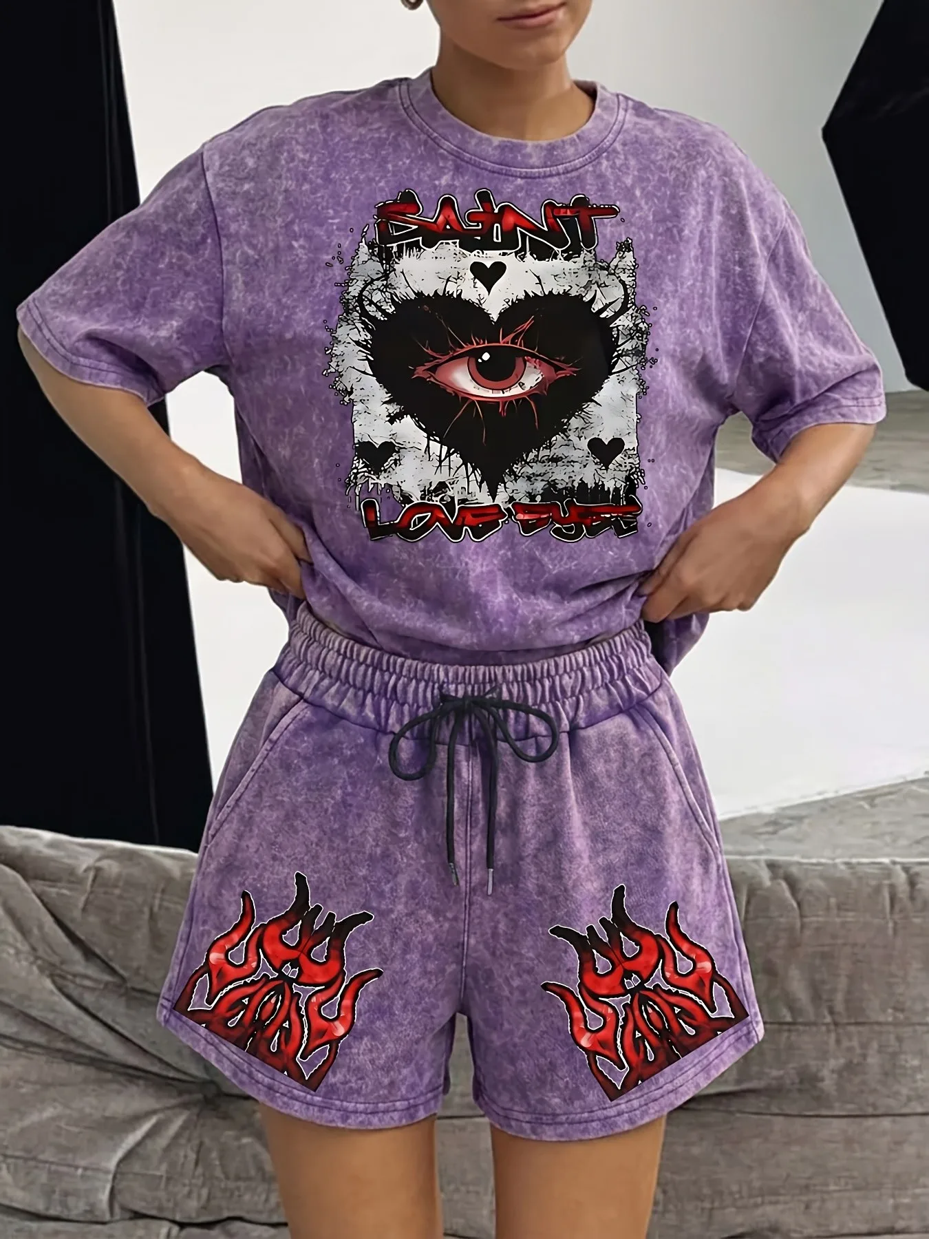 2026 Summer New Street Fashion Casual Versatile Comfortable 3D Eye Pattern Printed Women's Short-Sleeve Shorts Set