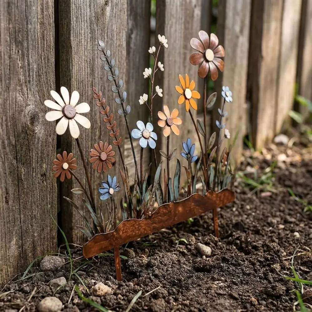 Acrylic 2D Imitation Rusty Garden Pile Rustic Retro Ground Stakes Floral Design Colorful Yard Decor Ornaments Fence