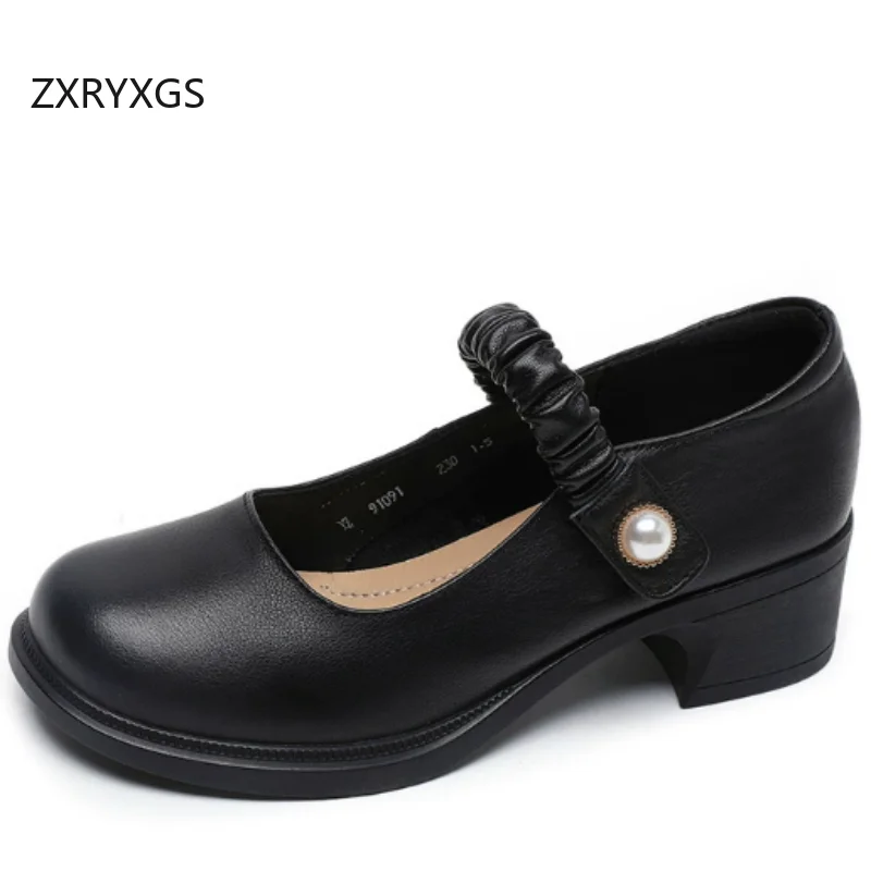 

Туфли женские ZXRYXGS 2026 весна, с круглым носком, из натуральной кожи, на толстом среднем каблуке, большие размеры, элегантные, для банкетов