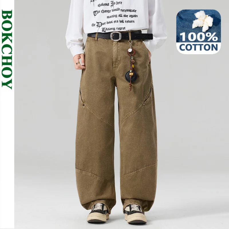 2026 Autumn New 100% Cotton Trend Design Casual Cargo Pants for Men Clothing Darwstring Big Pocket Loose Trousers GF268272