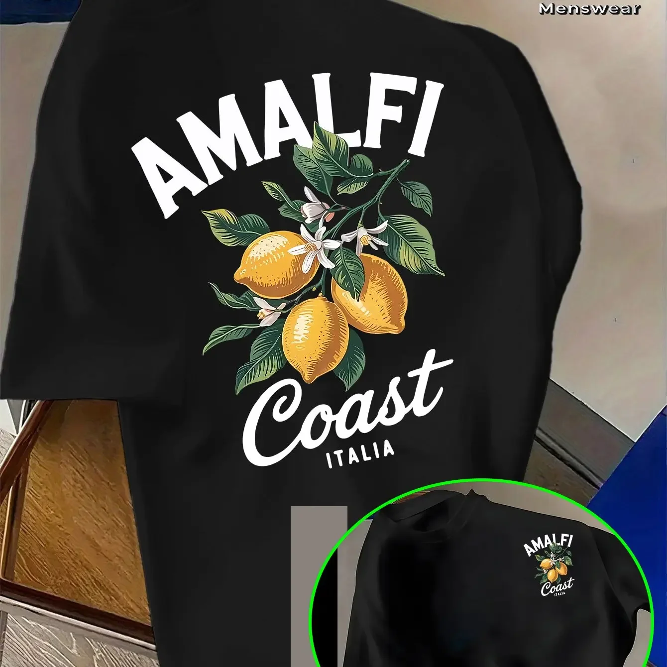 Men's 100% Cotton Amalfi Coast Lemon Pattern T-Shirt Summer Italian Vacation T-Shirt Breathable Casual Short-Sleeve Top view 2