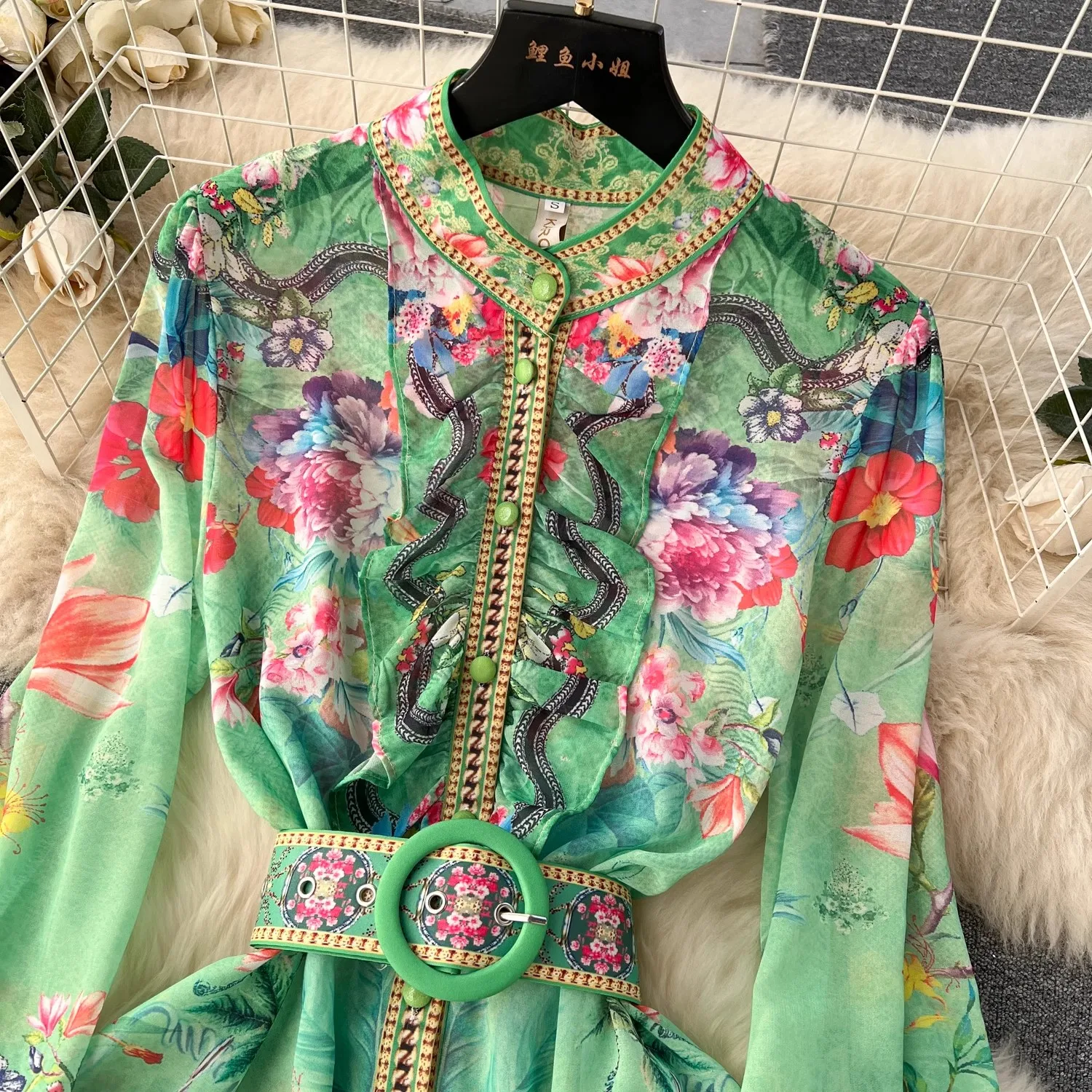 Fashion Holiday Gorgeous Flower Chiffon Maxi Dress Women's Stand Ruffles Long Lantern Sleeve Floral Print Belt Boho Robe Vestido