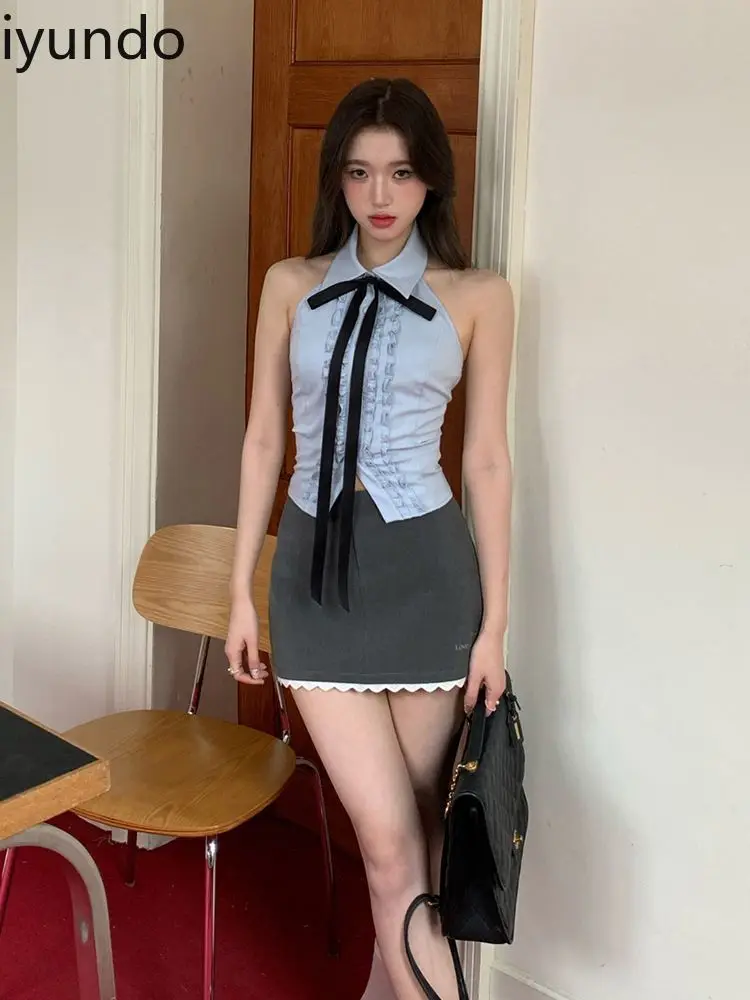 Blue Lace Crop Top Tie-Front Design + Gray Off-Shoulder Bodysuit Sweet & Spicy Cute Two-Piece Collegiate Style Girls' Outfit