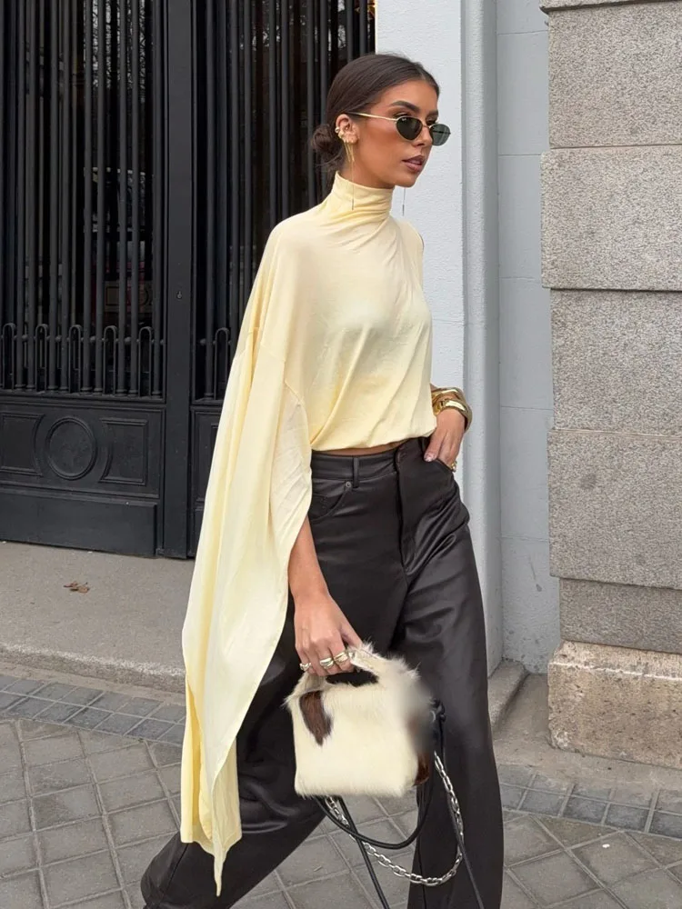HH Women 2026 Spring Fashion Versatile High Neck Drape Asymmetric Top Female Chic Elegant Slim High Street Casual Commuting Top