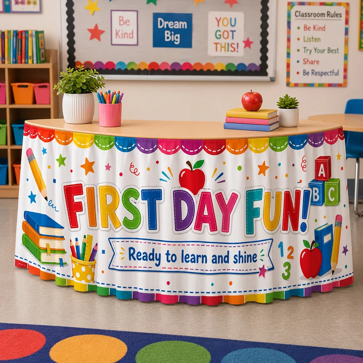 Colorful books, pencils, apples, ABC blocks, educational toys, decorative patterns, classroom supplies, party items