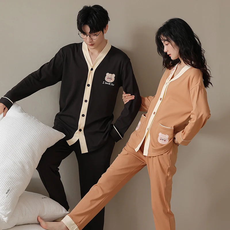 V-neck cardigan button style pajamas couple style pure cotton spring and autumn men's and women's pajamas casual set