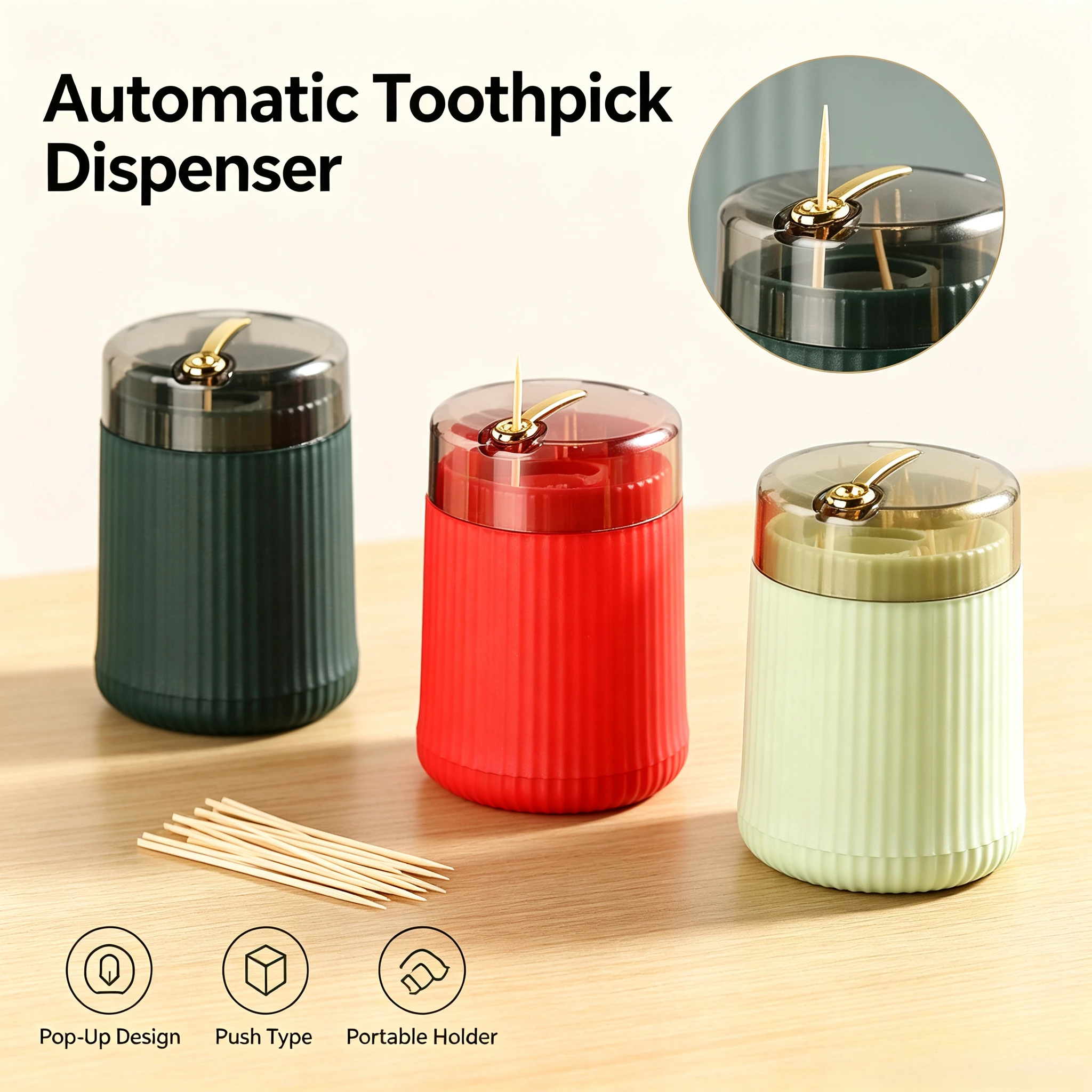 Plastic Pop-up Toothpick Dispenser with Push Type for Kitchen - Automatic Portable Storage Box Holder for Home Restaurant